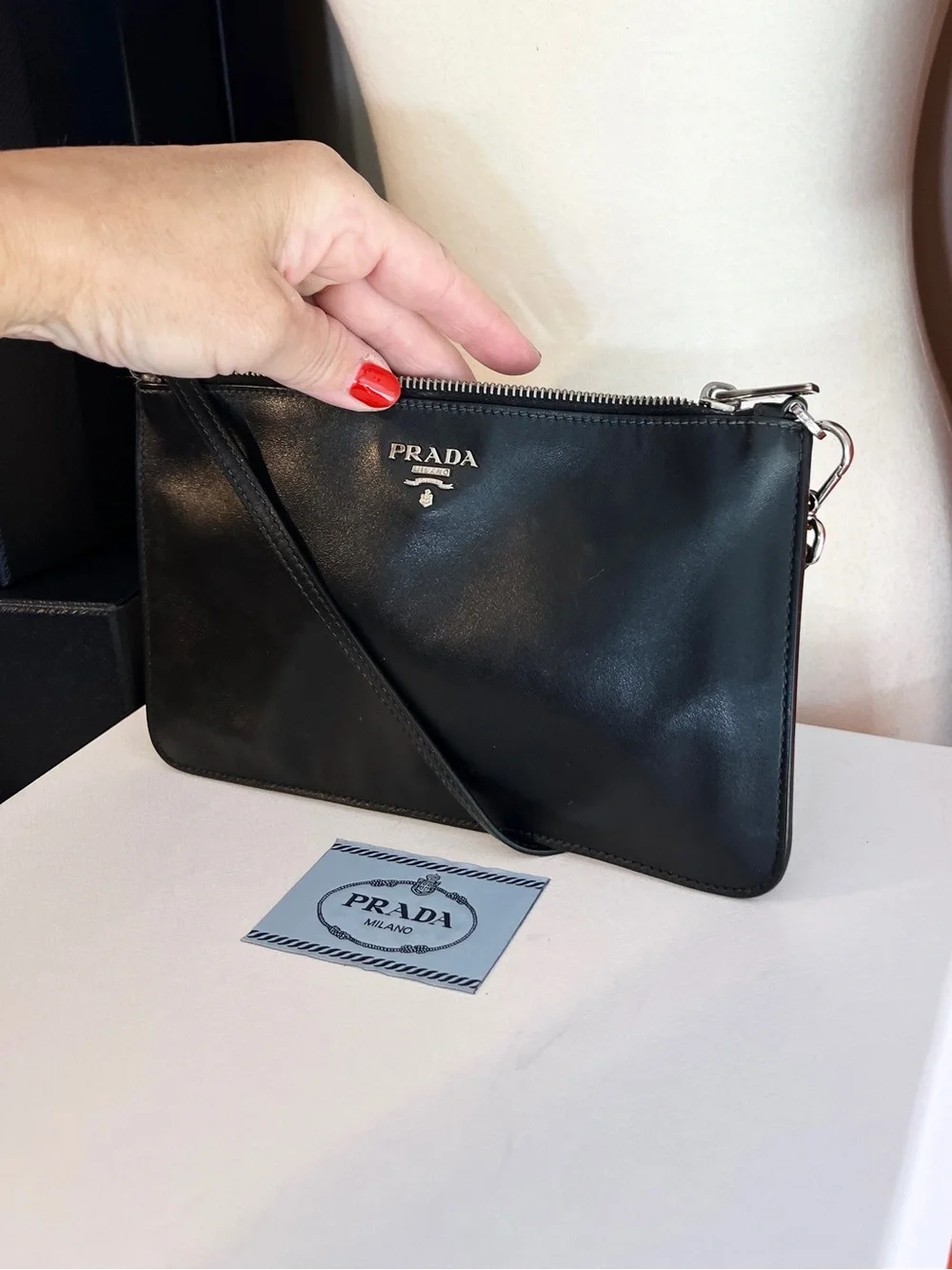 Prada Black & Silver Leather wristlet/pouch beige suede inside. 🌟Offers welcome!